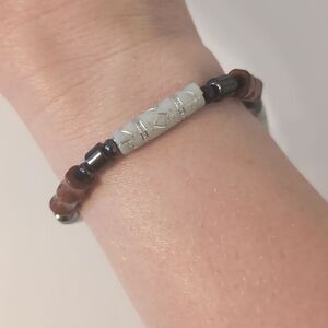 754 Brown Wood Hematite and Silver Beaded Tennis Bracelet‎